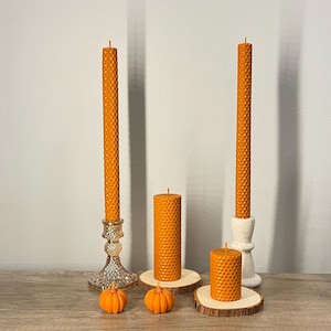 Orange Beeswax Taper Candles: Golden Sheen, Fall Decor