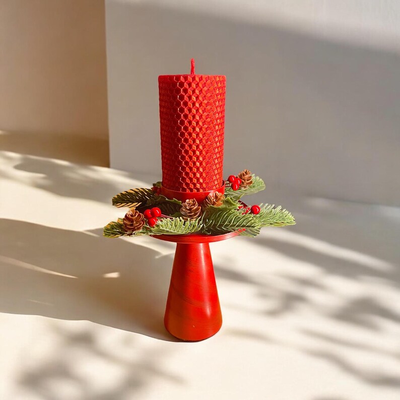 Christmas Beeswax Candle With Vintage Red Holder Ruby or Gold Holiday