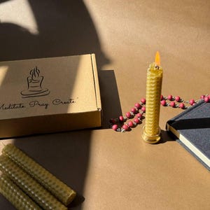Prayer, Meditation & Ritual Beeswax Candle Set – Hand-Rolled Natural Honeycomb Candles with Brass Holder for Spiritual Practices ,Home Decor
