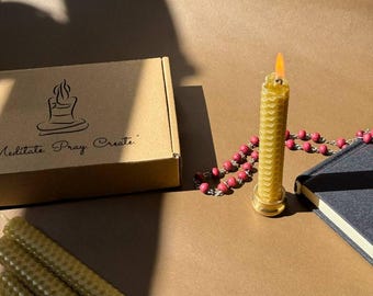 Hand-Rolled Beeswax Candle Set: Prayer, Meditation, Ritual + Brass Holder
