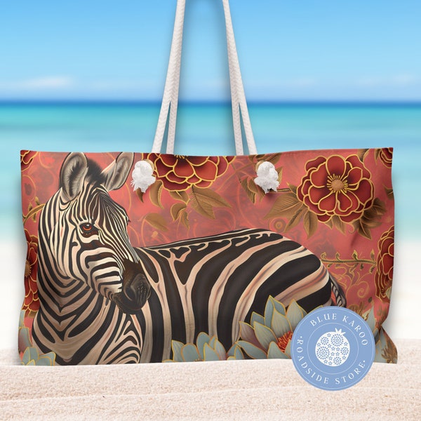 Crimson Zebra Beach Bag