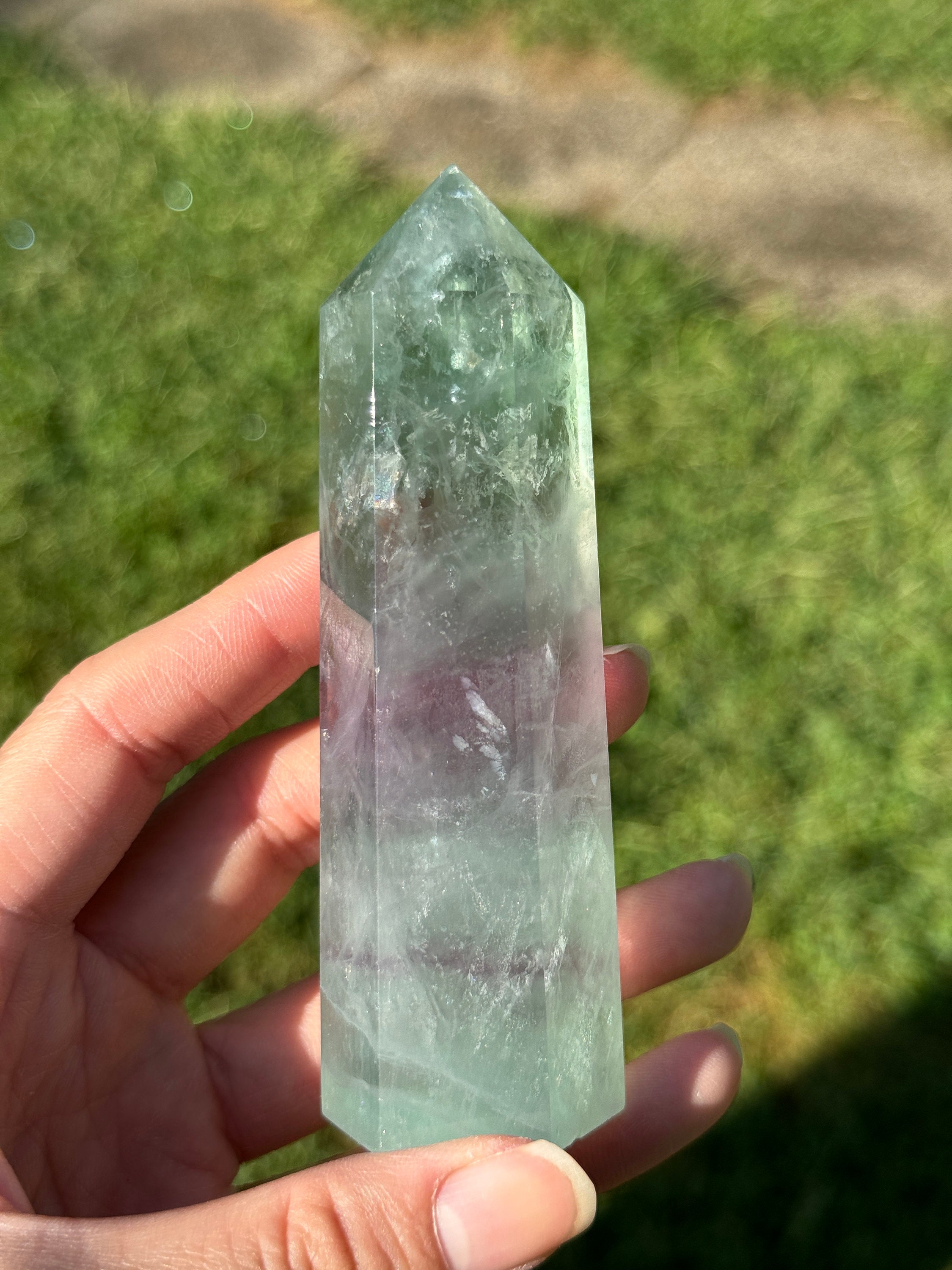 Icy Watermelon Fluorite Tower Natural Crystal Decoration 198g 10.6cm