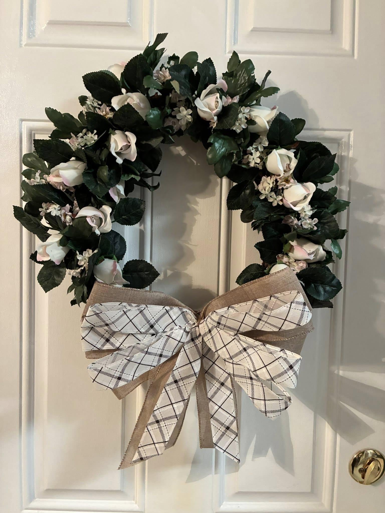 Handmade Rose & Greenery Wreath with Wired Bow
