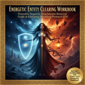 Könnte beinhalten: Digitales Kunstwerk für ein "Energetic Entity Clearing Workbook". Das Bild zeigt eine Frau, die geteilt ist, eine Seite in Blau und die andere in Rot. Der Text enthält "Printable Negative Attachments Removal Guide & Energetic Shielding Protocol PDF."