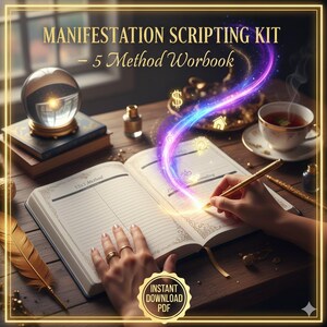 May include: An open workbook with the text "MANIFESTATION SCRIPTING KIT - 5 Method Workbook" is on a wooden table. A hand is writing with a gold pen, with a glowing purple and blue light emanating from the pen. A crystal ball and a teacup are also on the table.