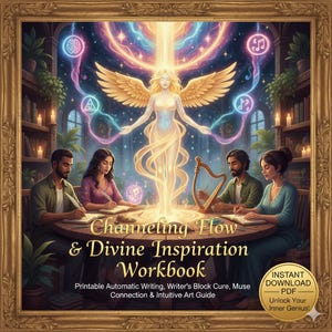 May include: Digital artwork of a workbook titled "Channeling Flow & Divine Inspiration." The image shows an angelic figure with wings, surrounded by people writing at a round table. The text includes "Printable Automatic Writing" and "Unlock Your Inner Genius!"