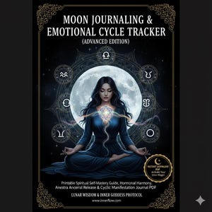 Può includere: Grafica scaricabile digitalmente con il testo "MOON JOURNALING & EMOTIONAL CYCLE TRACKER (ADVANCED EDITION)". L'immagine presenta una donna che medita di fronte a una luna piena, circondata da simboli astrologici. Include una guida PDF per la padronanza spirituale.