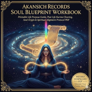 May include: Digital artwork for a workbook titled "AKANSICH RECORDS SOUL BLUEPRINT WORKBOOK." The image features a woman in a blue robe meditating, with a cosmic background and a scroll. Text includes "Printable Life Purpose Guide" and "Uncover Your Cosmic Story!"