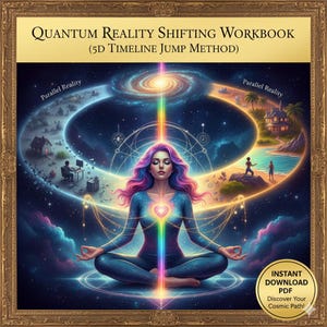 May include: Digital artwork showing a meditating woman with a rainbow energy beam. The image includes text: "Quantum Reality Shifting Workbook" and "Instant Download PDF". The background depicts parallel realities.