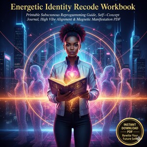 Puede incluir: Ilustración digital de una mujer sosteniendo un libro abierto con páginas brillantes. La imagen incluye el texto "Energetic Identity Recode Workbook" y "Instant Download PDF". El fondo muestra un paisaje urbano con patrones de luz geométricos y figuras etéreas.
