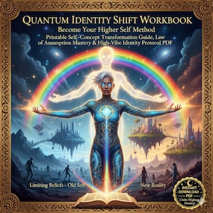 May include: A digital artwork featuring a woman with glowing blue eyes and a blue and gold bodysuit, standing before a rainbow. The image is titled "QUANTUM IDENTITY SHIFT WORKBOOK" and includes text about self-concept transformation and a "New Reality."