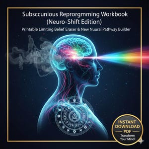 Könnte beinhalten: Digitales Kunstwerk, das für ein Arbeitsbuch wirbt. Das Bild zeigt eine leuchtende menschliche Figur mit einer detaillierten Gehirndarstellung. Ein Regenbogenlichtstrahl geht vom Auge aus. Der Text enthält "Subsccunious Reprorgmming Workbook" und "Instant Download - PDF".