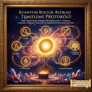 May include: Digital artwork in a gold frame with Turkish text. The image shows a central glowing orb, a tree, and symbols connected by lines. Text includes "Kuantum Bolluk Blokaji Temizleme Protokolü" and "Activate Your Abundance!"