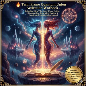 Puede incluir: Ilustración digital con dos figuras de cabello fluido, una azul y otra roja, enfrentadas con una luz brillante entre ellas. El texto incluye: "Twin Flame Quantum Union Activation Workbook" y "Activate Your Quantum Love!"