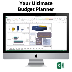 Può includere: Uno schermo di computer che mostra un programma di foglio di calcolo con grafici e diagrammi. Il foglio di calcolo è intitolato "Your Ultimate Budget Planner" e include categorie per entrate, spese e risparmi. Il foglio di calcolo è aperto in Microsoft Excel, come indicato dal logo di Excel nell'angolo in basso a destra dello schermo.