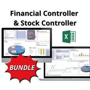 Può includere: Uno schermo di computer che mostra un pacchetto di controllo finanziario e azionario. Lo schermo mostra grafici, tabelle e dati. Il pacchetto include un'icona di Microsoft Excel.