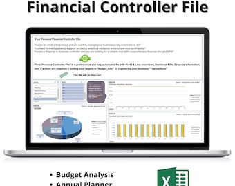 May include: A laptop computer displaying a spreadsheet with charts and graphs. The spreadsheet is titled "Your Personal Financial Controller File". The text on the screen says "You are a small entrepreneur and you want to manage your business as big corporations do?" The text continues, "You need forward guidance, support on taking analytical decisions and increase your profitability?" The text continues, "You are a financial or business controller and you are looking for a reliable tool with comprehensive financial info and KPIs?" The text continues, "'Your Personal Controller File' is a professional and fully automated file with Profit & Loss overviews, Dashboad KPIs, Financial information. Only 2 actions are required: 1. setting your targets in 'Budget Info' 2. registering your business 'Transactions' The file will do the rest!" Below the laptop screen, the text says "Budget Analysis", "Annual Planner", and "Financial Control". The Microsoft Excel logo is displayed in the lower right corner of the image.