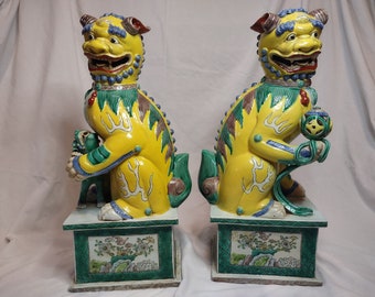 Pair of Antique Chinese Famille Jaune Porcelain Foo Dogs