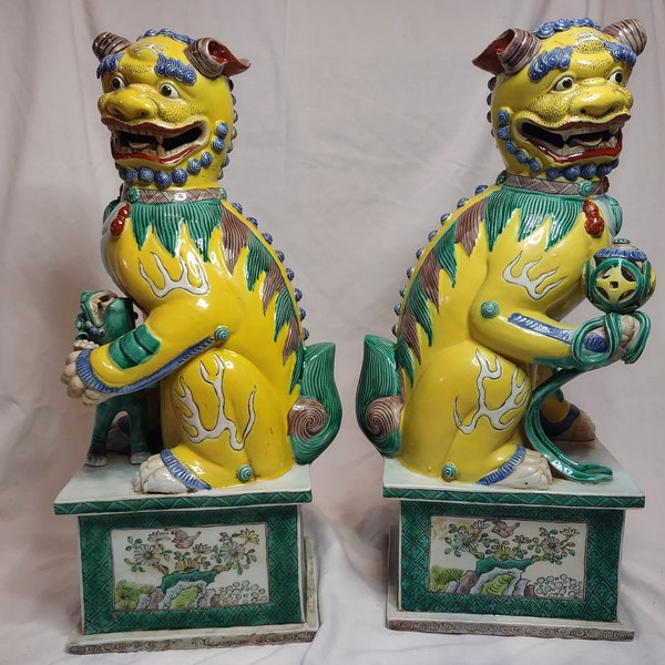 Pair of Antique Chinese Famille Jaune Porcelain Foo Dogs