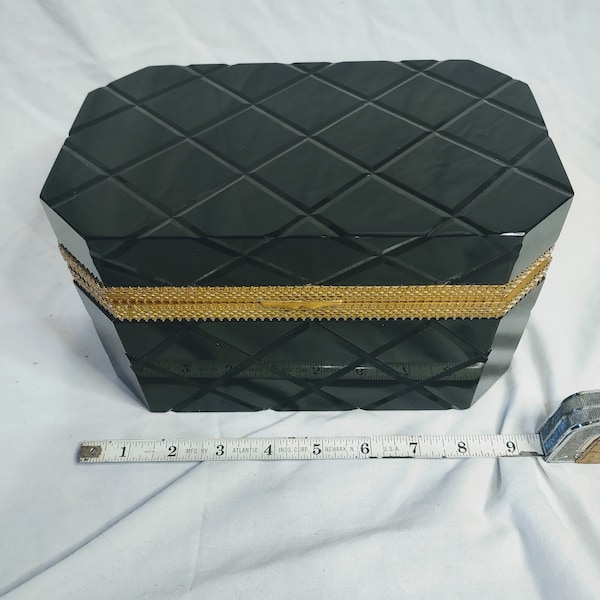 Vintage French Black Opaline Glass Diamond-Quilt Cut Pattern Box