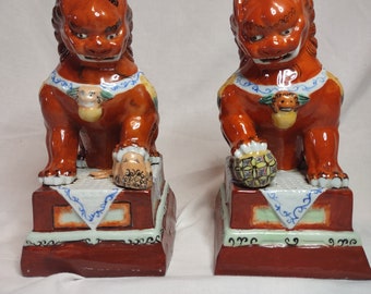 Pair of Vintage Chinese Red Porcelain Foo Dog Figures