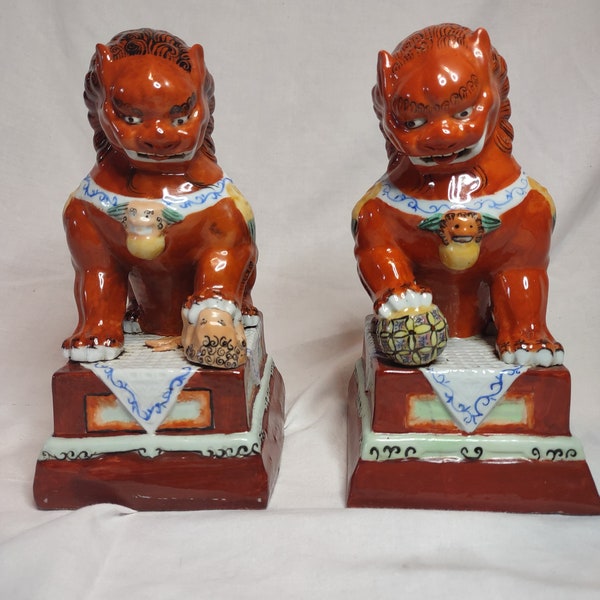 Pair of Vintage Chinese Red Porcelain Foo Dog Figures