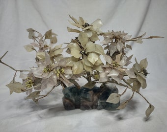 Ornate Vintage Chinese Jade and Rose Quartz Carved Bonsai Tree w/ Fluorite Base