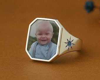 Portrait Ring in Silver, Personalized Memorial Photo Ring with Birthstone, Customized photo ring, Sterling Silver Smooth Comfort Ring,