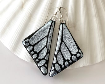 Silver Butterfly Wing Earrings - Etched Dichroic Glass, Dichroic Jewelry, Gifts for Her