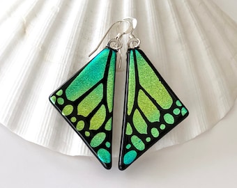 Shaded Green Butterfly Wing Earrings - Etched Dichroic Glass, Dichroic Jewelry, Gifts for Her