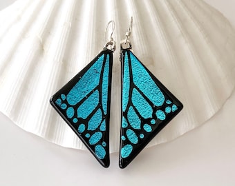 Blue Butterfly Wing Earrings - Etched Dichroic Glass, Dichroic Jewelry
