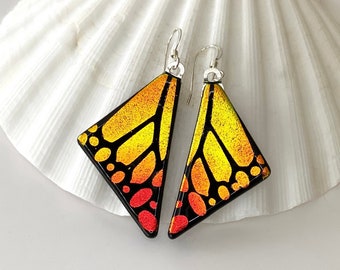 Orange and Yellow Butterfly Wing Earrings - Etched Dichroic Glass, Dichroic Jewelry, Gifts for Her