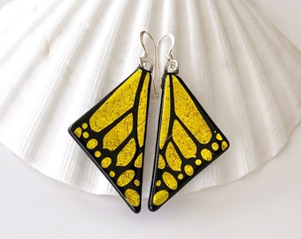 Golden Yellow Butterfly Wing Earrings - Etched Dichroic Glass, Dichroic Jewelry, Gifts for Her