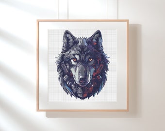 Cyberpunk Wolf Cross Stitch Pattern 300x300 Stitches. Counted Cross Stitch. Stunning Wall Art For Any Room