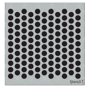 May include: A stencil with a pattern of 7 rows of 10 black circles, arranged in a staggered pattern. The stencil is labeled "Stencil 1".