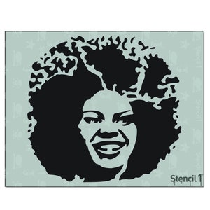 May include: Black and white stencil art of a smiling person with a large afro. The image is on a light blue background with a repeating pattern of stars and the word "Stencil 1".