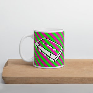 Caneca da gaveta cor-de-rosa/verde coloridos | Presente de cerâmica | Copo Padrão | Bebedor de chá | Café | Presentes de inauguração | Cozinha | Amante da música dos anos 80