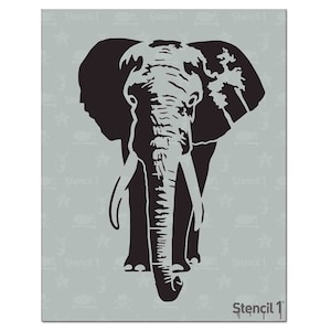 May include: A black and white stencil of an elephant facing forward. The elephant has large tusks and a detailed trunk. The background is a light gray with a repeating pattern of stars and other shapes. The text "Stencil 1" is in the bottom right corner.