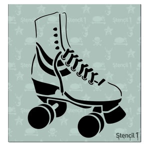 May include: Black and white silhouette of a roller skate with four wheels. The skate has a high-top boot with laces and a thick sole. The wheels are round and have a smooth surface.