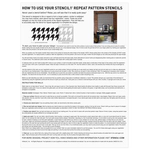May include: A white sheet of paper with instructions for using repeat pattern stencils. The text includes steps for preparing surfaces, applying paint, and cleaning. The paper has a black and white houndstooth pattern in the background.
