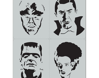 Plantillas de monstruos (paquete de 4) - Plantillas reutilizables para pintar calabazas de Halloween, hacer tarjetas, truco o trato, 8,5 x 11 pulgadas, de Stencil1