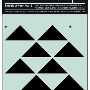 May include: A stencil with a repeating geometric triangle pattern in black on a light blue background. The stencil is labeled "Stencil 1" and includes text that reads "Repeat wallpaper stencils" and "Embellish your world".