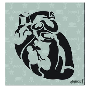 May include: Black and white stencil of a human heart with detailed anatomical features. The stencil is on a light blue background with a repeating pattern of stars and skulls. The text "Stencil 1" is in the bottom right corner.