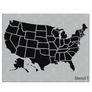 May include: Black stencil of the United States of America with state borders on a light gray background. The words "Stencil 1" are printed in white in the lower right corner. The background has a repeating pattern of stars and other shapes.