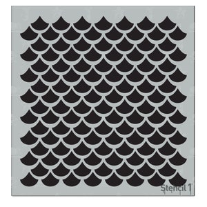 May include: A black and white stencil with a repeating pattern of overlapping scales. The stencil is labeled "Stencil 1".
