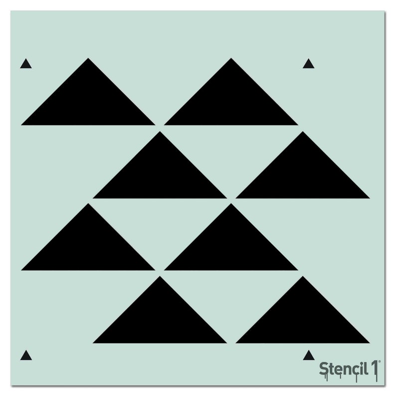 May include: A stencil with a repeating geometric pattern of black triangles on a light blue background. The design includes a grid of large triangles and smaller triangles in the corners. The text "Stencil 1" is in the bottom right corner.