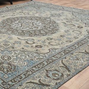 9x12 ft Vintage Rug, Beige and Blue Medallion Design with Floral Details, Turkish Oushak Rug, Handmade, Living Room Rug, Wool Rug, Area Rug