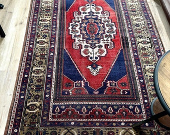 3x6 Wool Vintage Rug, Red Blue, Turkish Rug, Oushak Runner, Handmade, Handwoven, Wool, Folk Rug, Vegetable Dyed, Home Decor, Housewarmin