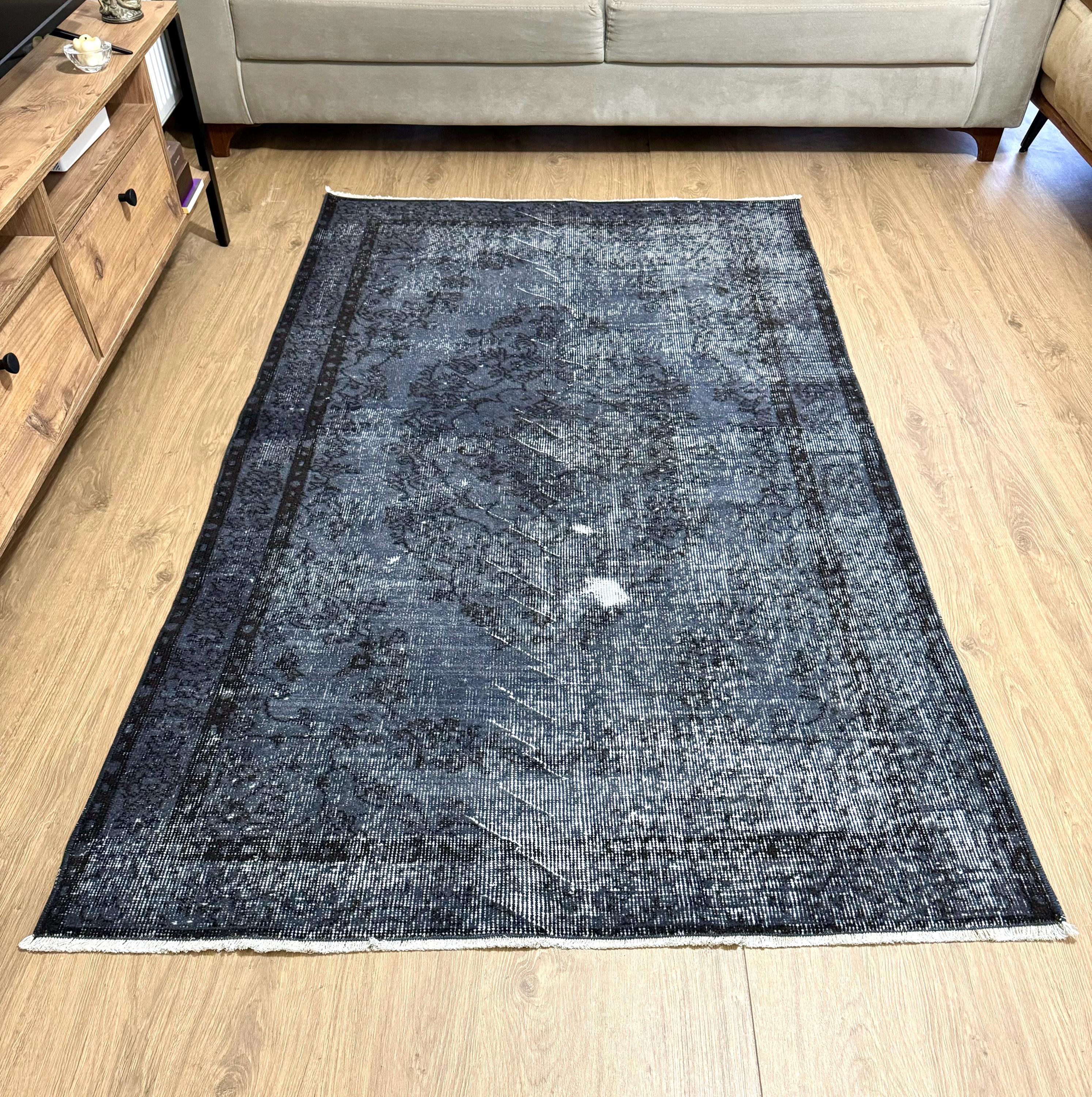 4x6 Black & Blue Vintage Rug, Small Accent Rug, Throw Rug, Goth Rug ...