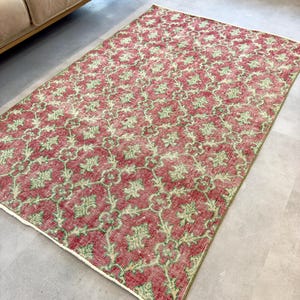 4x6 Vintage Red Floral Oushak Rug, Small Rug, Turkish Rug, Minimalist, Handmade, Handwoven, Wool, Folk Rug, Faded, Home Decor, Red Carpet